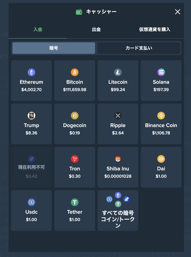デュエルビッツ(Duelbits)の入金方法